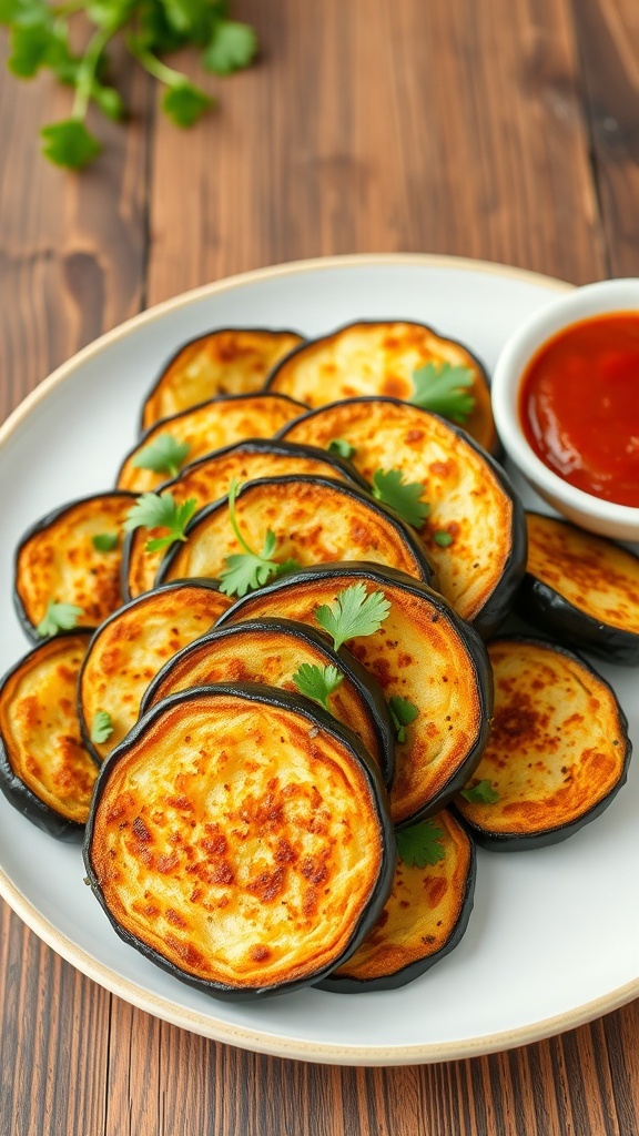 Crispy baked eggplant slices on a plate with marinara sauce and parsley garnish.